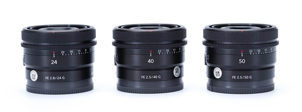 Sony 24mm, 40mm and 50mm lenses side